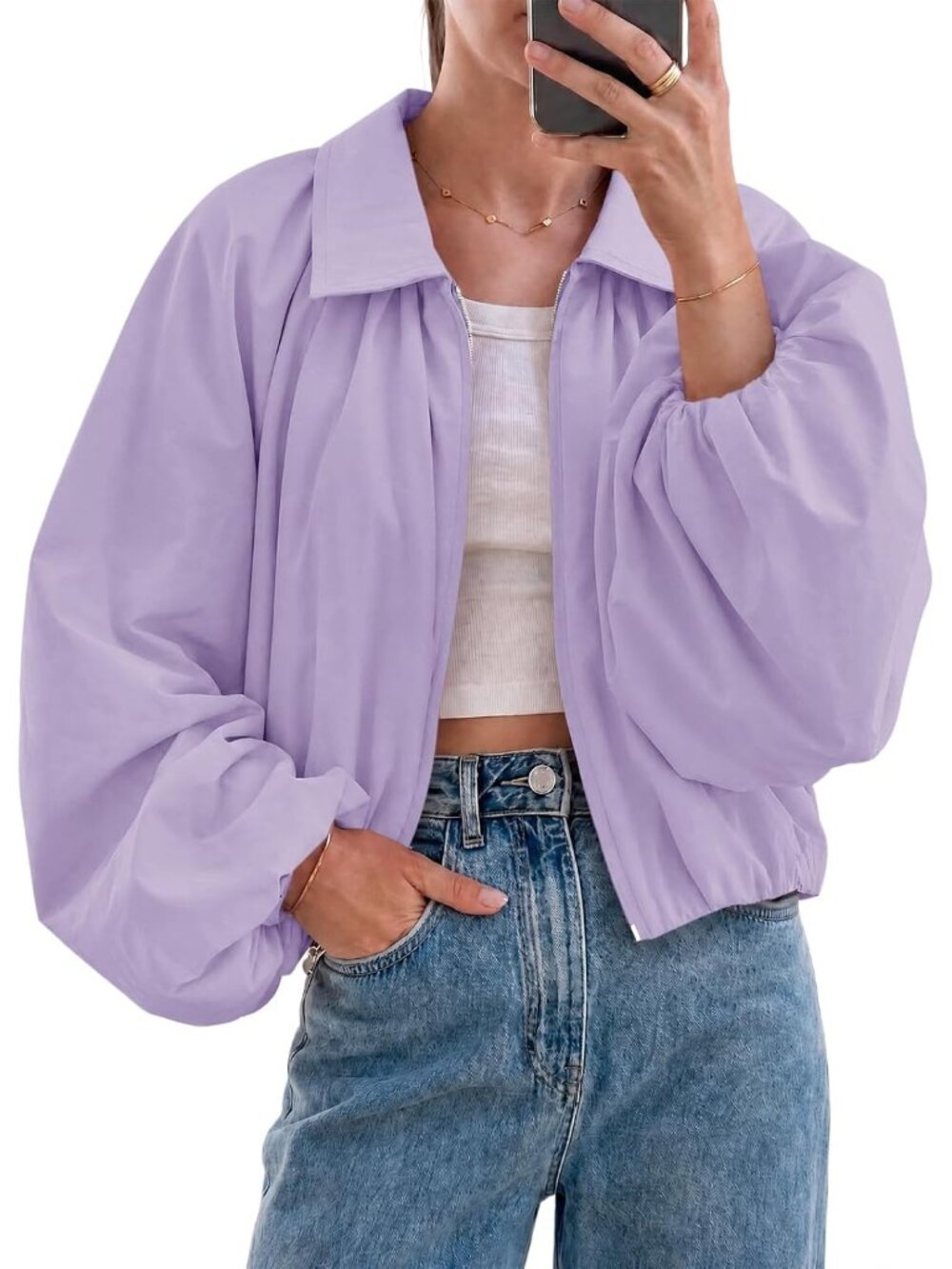Womens Purple Drop-shoulder Balloon Sleeve Lapel Collar Cropped Bomber Jacket